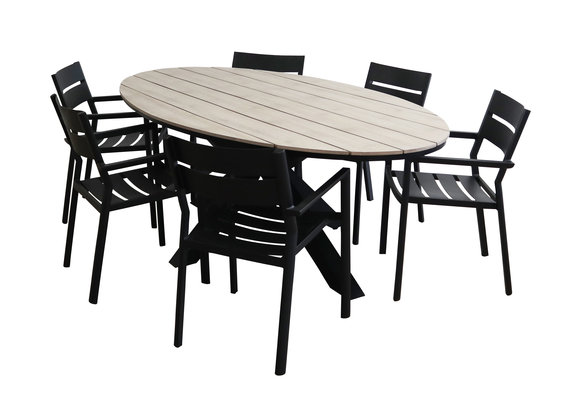 7-delige tuinset | 6 Delia stapelbare tuinstoelen (Black) | 220cm ovale Cyprus tuintafel (Wood)