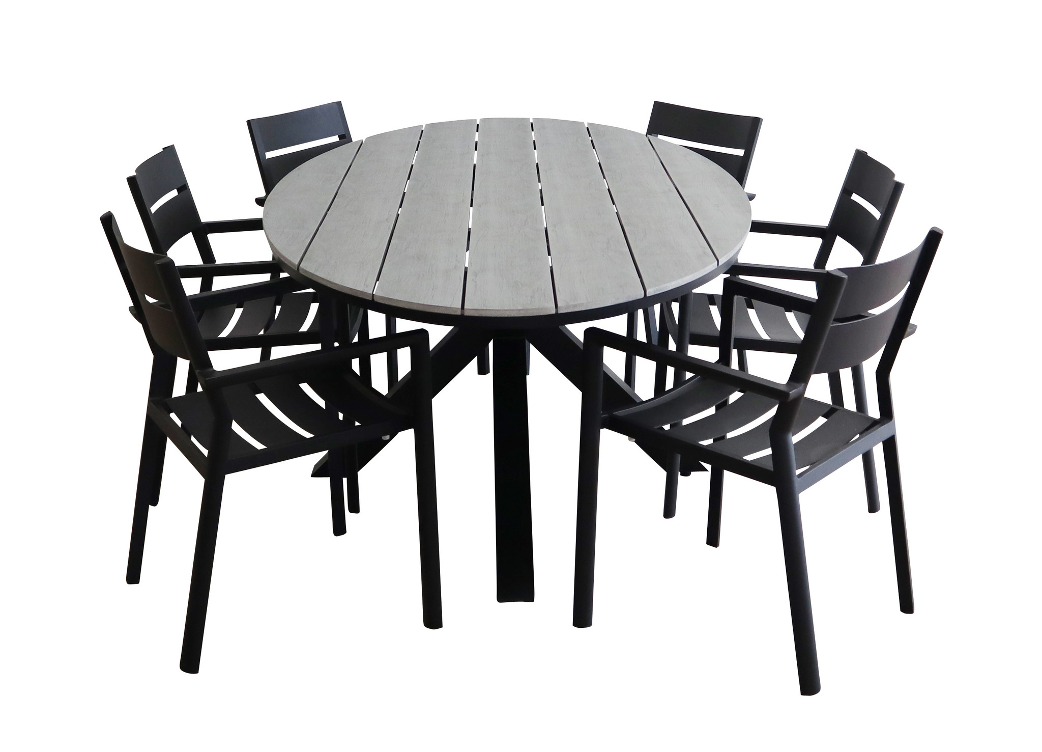 4 Seizoenen Tuinmeubelen 7-delige tuinset | 6 Delia stapelbare tuinstoelen (Black) | 220cm ovale Cyprus tuintafel (Grey)