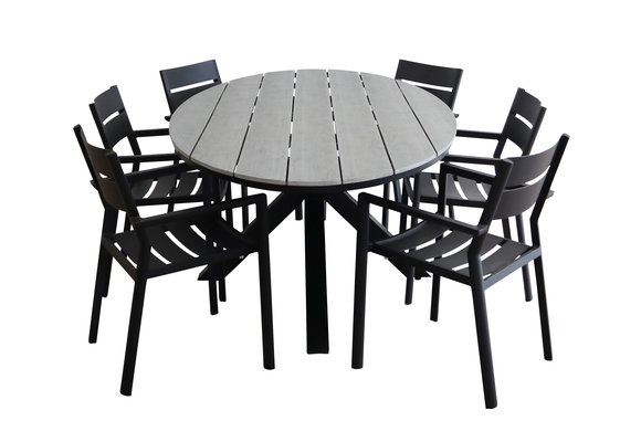 7-delige tuinset | 6 Delia stapelbare tuinstoelen (Black) | 220cm ovale Cyprus tuintafel (Grey)