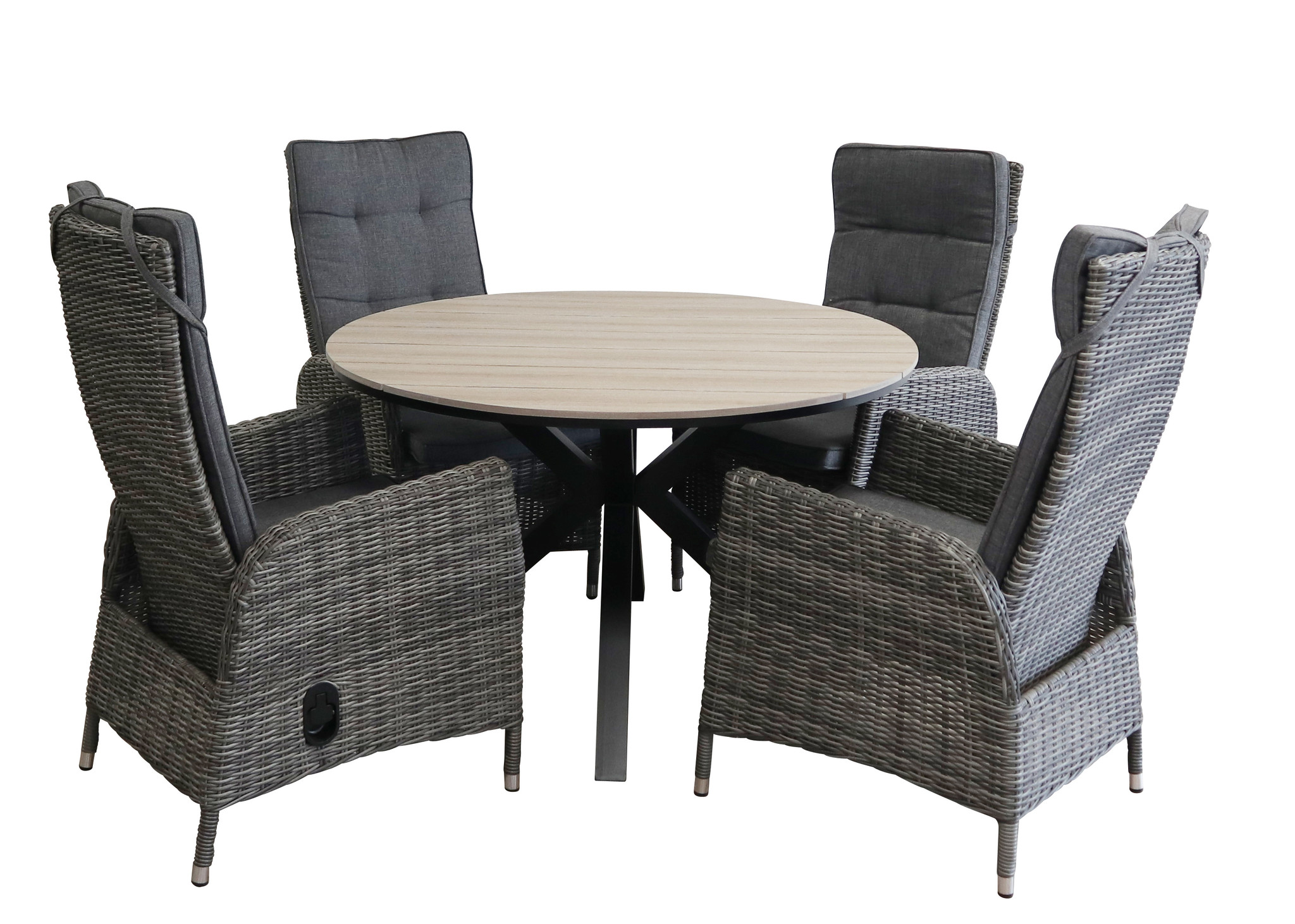 4 Seizoenen Tuinmeubelen 5-delige ronde tuinset | 4 Kos verstelbare tuinstoelen (AG) | ⌀ 120cm Cyprus tuintafel (Wood)