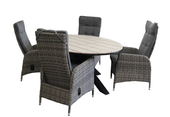 5-delige tuinset | 4 Kos verstelbare tuinstoelen (AG) | 180cm ovale Cyprus tuintafel (Wood)