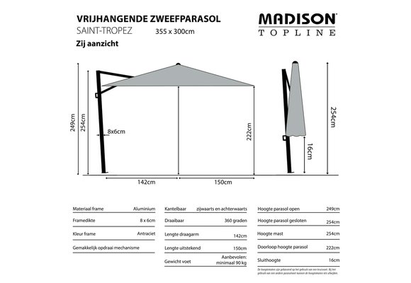 Madison Parasol | Saint Tropez | Grijs | 300x355cm