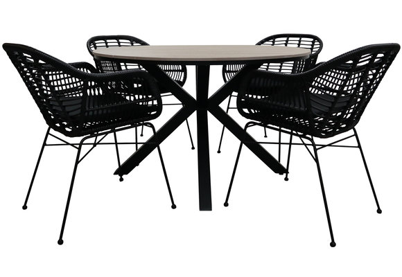 5-delige ronde tuinset | 4 Oslo dining tuinstoelen (Black) | ⌀ 120cm Cyprus tuintafel (Wood)