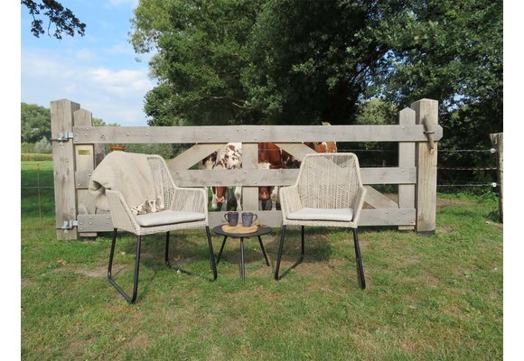 7-delige ronde tuinset | 6 Mona tuinstoelen (Sand) | ⌀150cm Cyprus tuintafel (Wood)