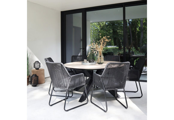 7-delige ronde tuinset | 6 Oslo dining tuinstoelen (Black) | ⌀ 150cm Cyprus tuintafel (Wood)