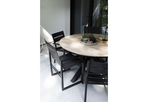 5-delige tuinset | 4 Delia stapelbare tuinstoelen (Black) | 180cm ovale Cyprus tuintafel (Wood)