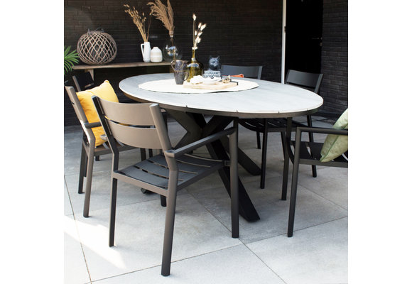 5-delige tuinset | 4 Delia stapelbare tuinstoelen (Black) | 180cm ovale Cyprus tuintafel (Grey)