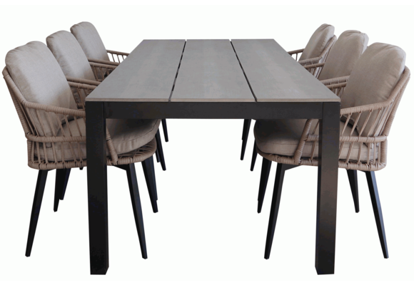 7-delige tuinset | 6 Isabel stoelen (Sand) | 225cm Cyprus tuintafel (Grey)