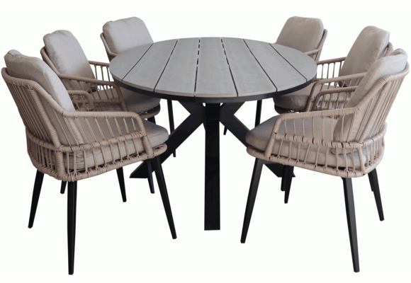 7-delige tuinset | 6 Isabel stoelen (Sand) | 220cm ovale Cyprus tuintafel (Grey)