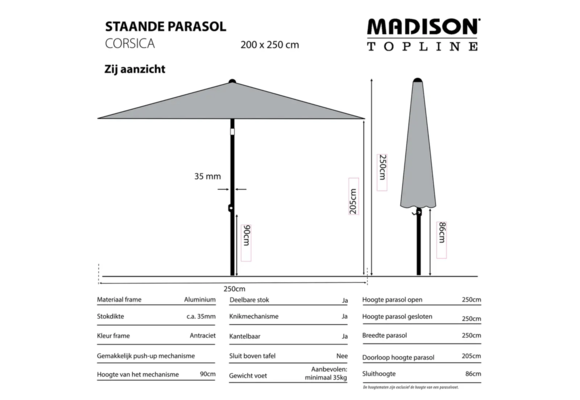 Madison Parasol | Corsica push-up | Grey | 200x250cm