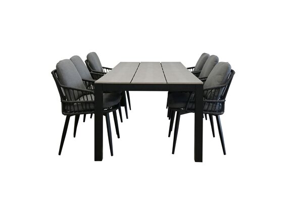 7-delige tuinset | 6 Isabel tuinstoelen (Black) | 225cm Cyprus tuintafel (Grey)