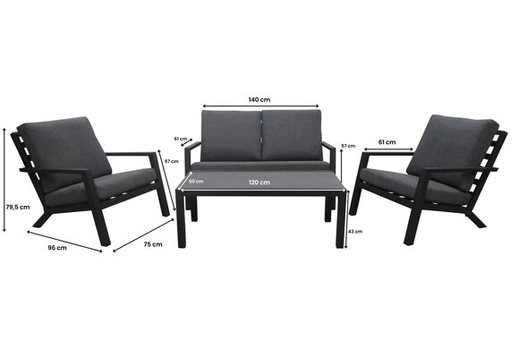 Stoel-bank Loungeset Bezano | met 2-persoonsbank | Matt Black/Grey |  Aluminium