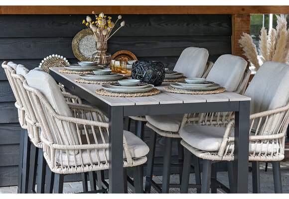 7-delige barset | 6 Isabel barstoelen Sand | Cyprus bartafel 200x75cm Wood