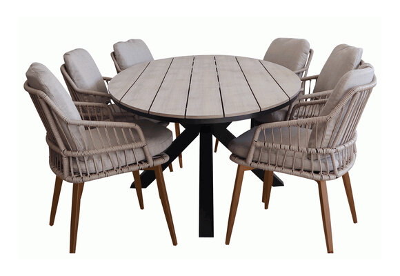7-delige tuinset | 6 Isabel tuinstoelen (sand/wood) | 220cm ovale Cyprus tuintafel (Wood)