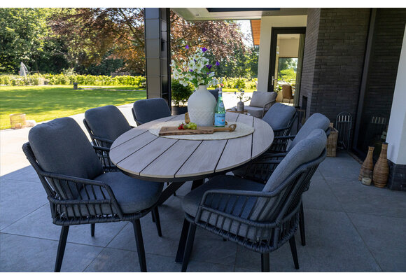 7-delige tuinset | 6 Isabel tuinstoelen (Black) | 220 cm ovale Cyprus tuintafel (Wood)