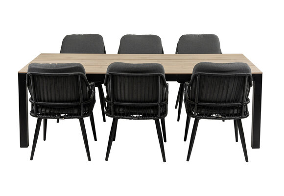 7-delige tuinset | 6 Isabel tuinstoelen (Black) | 225cm Cyprus tuintafel (Wood)