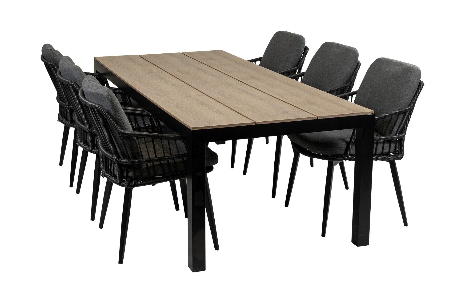 4 Seizoenen Tuinmeubelen 7-delige tuinset | 6 Isabel tuinstoelen (Black) | 225cm Cyprus tuintafel (Wood)