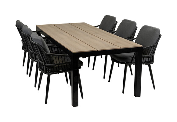 7-delige tuinset | 6 Isabel tuinstoelen (Black) | 225cm Cyprus tuintafel (Wood)