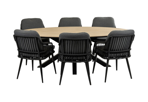 7-delige tuinset | 6 Isabel tuinstoelen (Black) | 220 cm ovale Cyprus tuintafel (Wood)