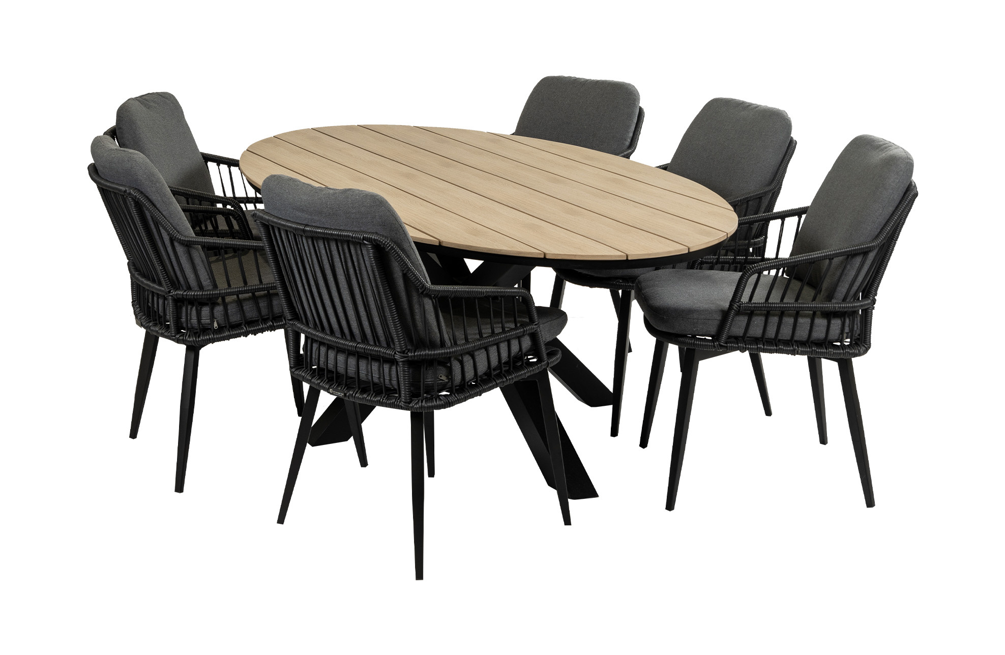 4 Seizoenen Tuinmeubelen 7-delige tuinset | 6 Isabel tuinstoelen (Black) | 220 cm ovale Cyprus tuintafel (Wood)