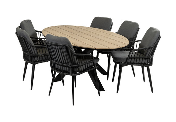 7-delige tuinset | 6 Isabel tuinstoelen (Black) | 220 cm ovale Cyprus tuintafel (Wood)