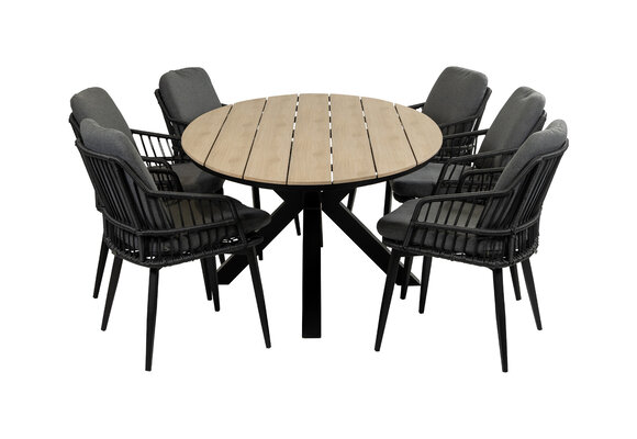 7-delige tuinset | 6 Isabel tuinstoelen (Black) | 220 cm ovale Cyprus tuintafel (Wood)