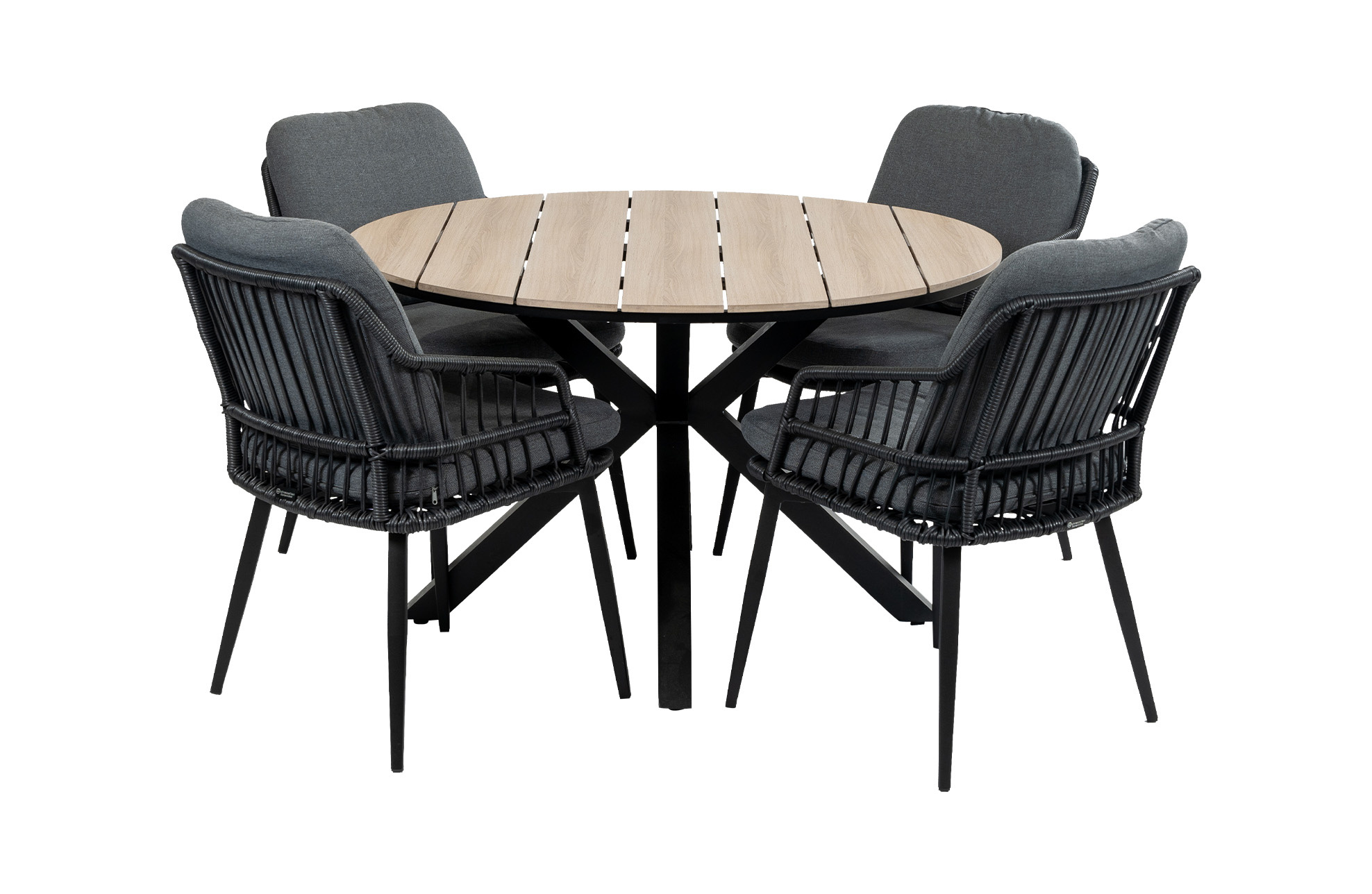 4 Seizoenen Tuinmeubelen 5-delige ronde tuinset | 4 Isabel tuinstoelen (Black) | ø120 cm Cyprus tuintafel (Wood)