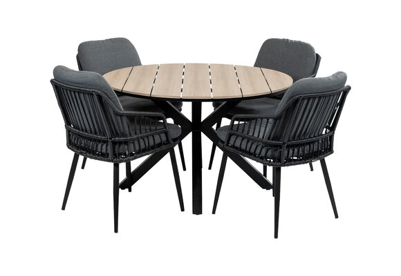 5-delige ronde tuinset | 4 Isabel tuinstoelen (Black) | ø120 cm Cyprus tuintafel (Wood)