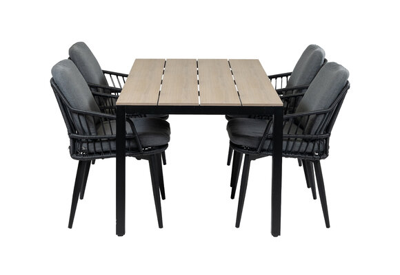 5-delige tuinset | 4 Isabel tuinstoelen (Black) | 160cm Cyprus tuintafel (Wood)