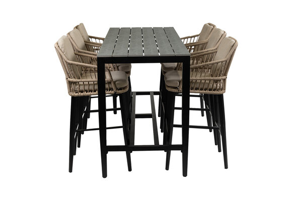 7-delige barset | 6 Isabel barstoelen Sand | Cyprus bartafel 200x75cm Grey