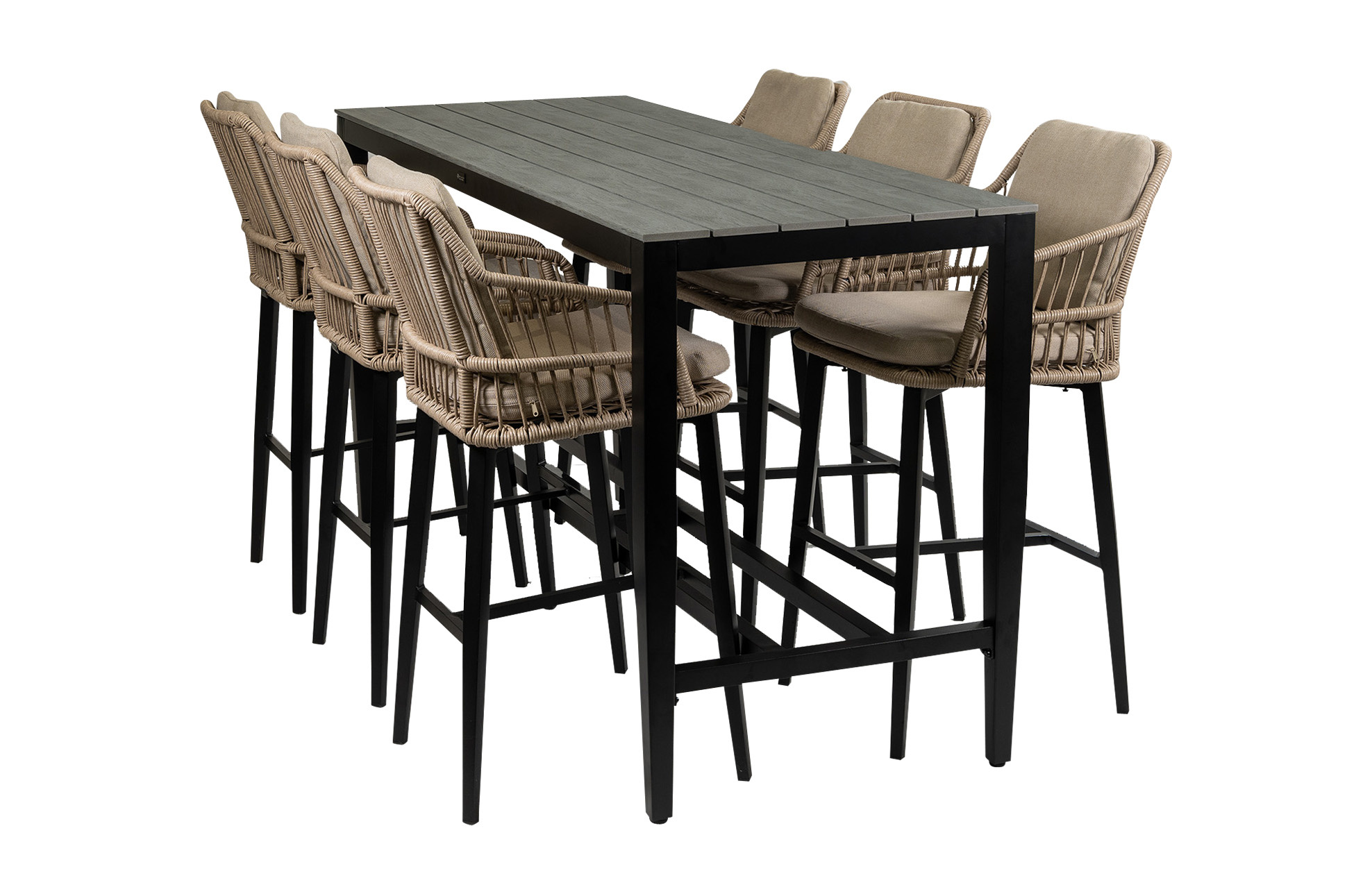 4 Seizoenen Tuinmeubelen 7-delige barset | 6 Isabel barstoelen Sand | Cyprus bartafel 200x75cm Grey