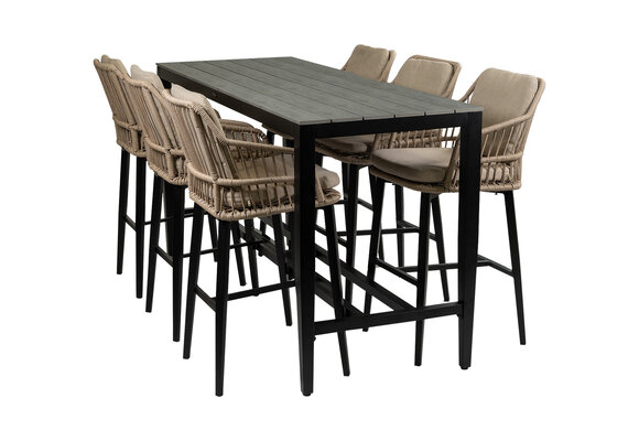 7-delige barset | 6 Isabel barstoelen Sand | Cyprus bartafel 200x75cm Grey