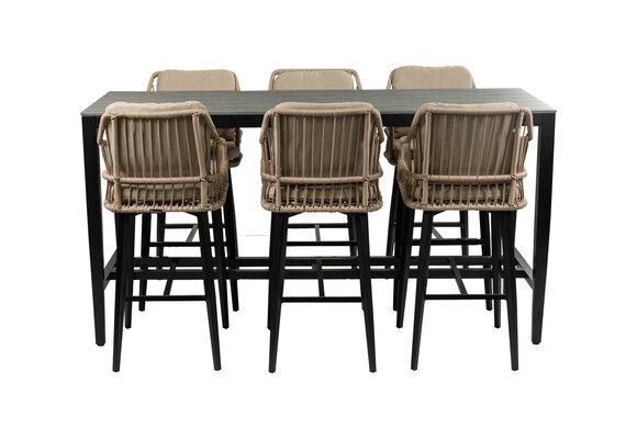 7-delige barset | 6 Isabel barstoelen Sand | Cyprus bartafel 200x75cm Grey