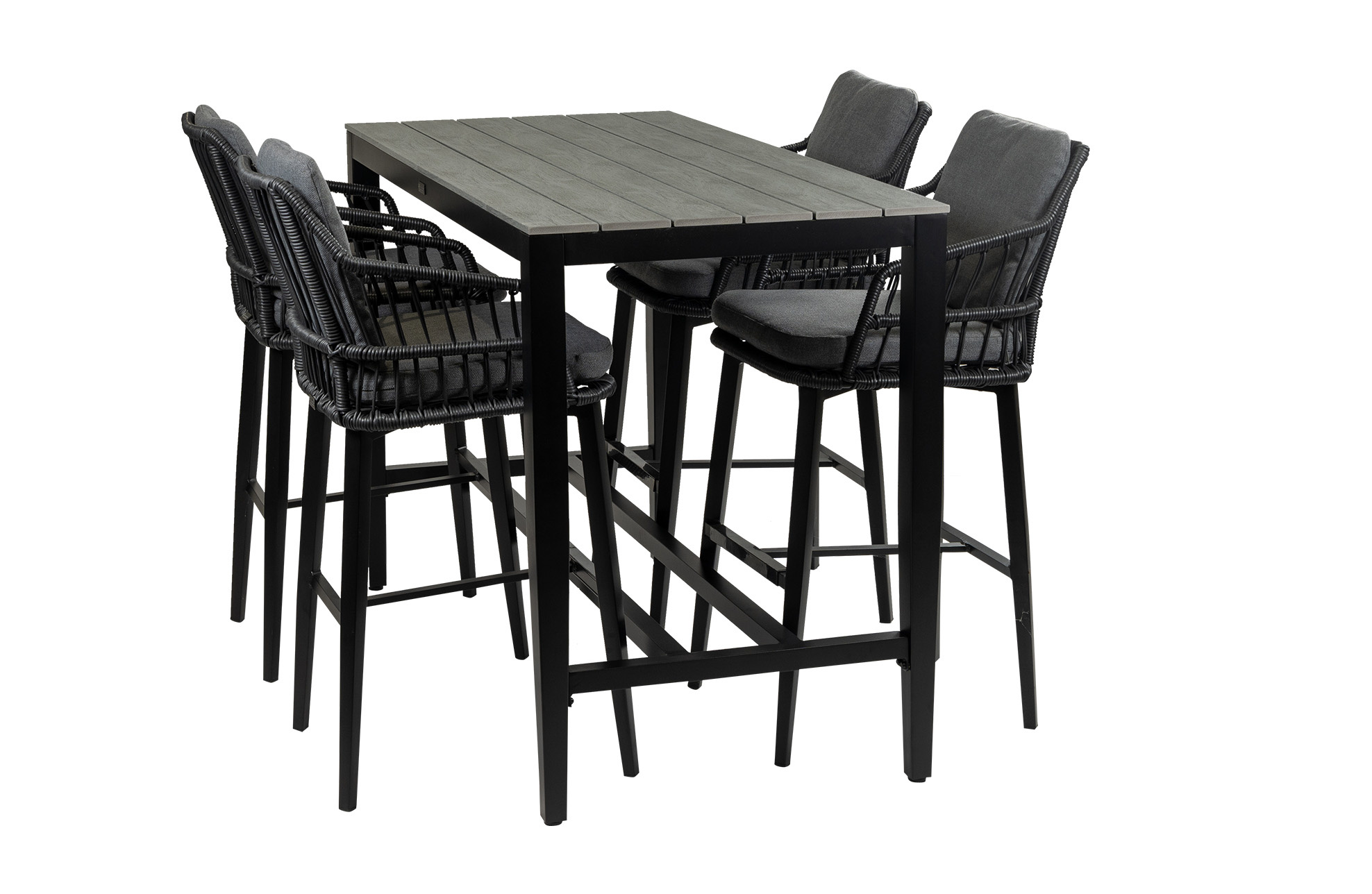 4 Seizoenen Tuinmeubelen 5-delige barset | 4 Isabel barstoelen Black | Cyprus bartafel 150x75cm Grey