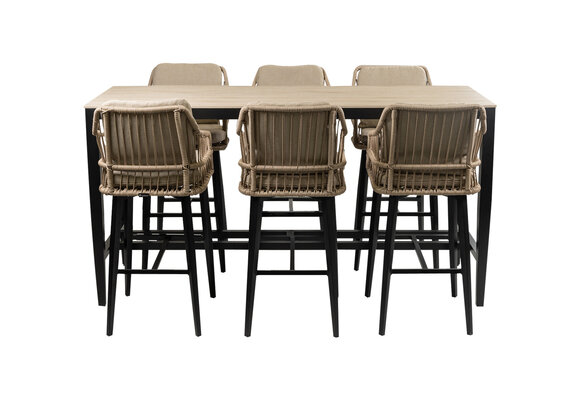 7-delige barset | 6 Isabel barstoelen Sand | Cyprus bartafel 200x75cm Wood