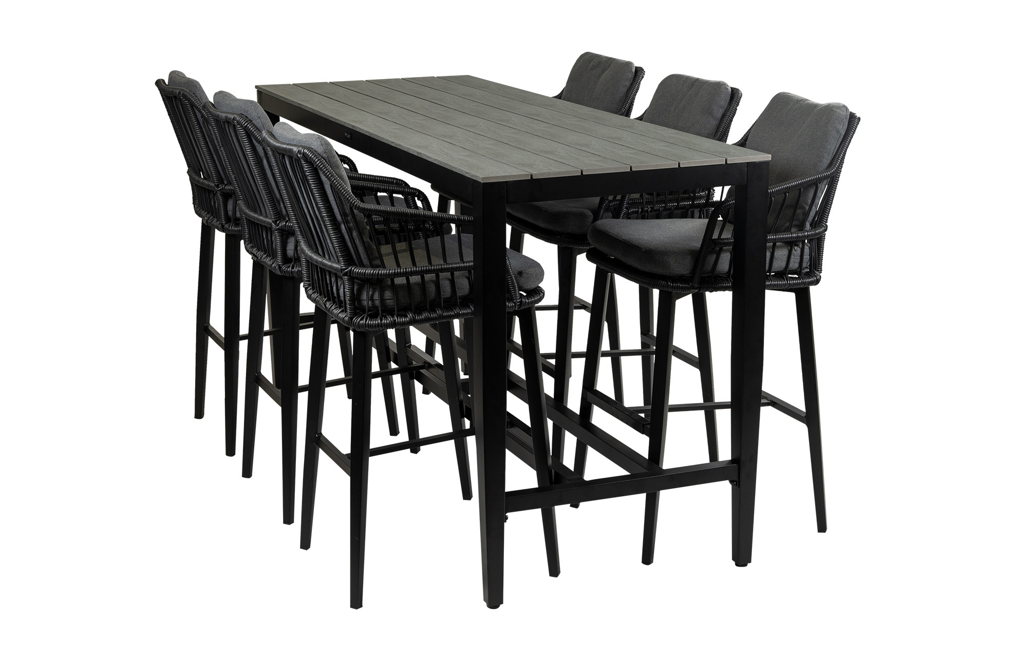4 Seizoenen Tuinmeubelen 7-delige barset | 6 Isabel barstoelen Black | Cyprus bartafel 200x75cm Grey
