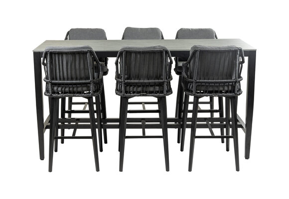 7-delige barset | 6 Isabel barstoelen Black | Cyprus bartafel 200x75cm Grey