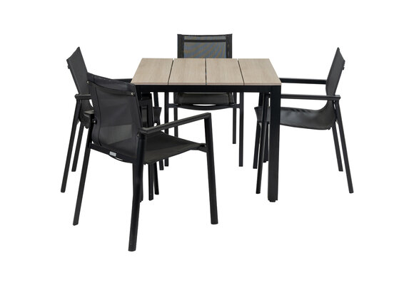 90x90 Cyprus | Wood + 4x Stapelbare tuinstoel Delia | Black | Textileen | Brafab