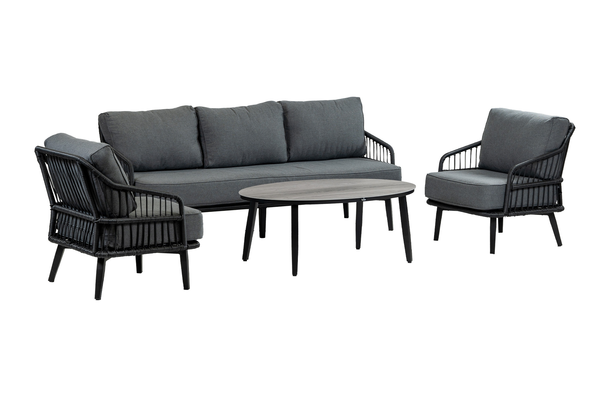 Normin 3-persoonsbank Isabel | Zwart + 2 loungestoelen Isabel | Zwart + Mykonos bijzettafel ovaal 120x75cm
