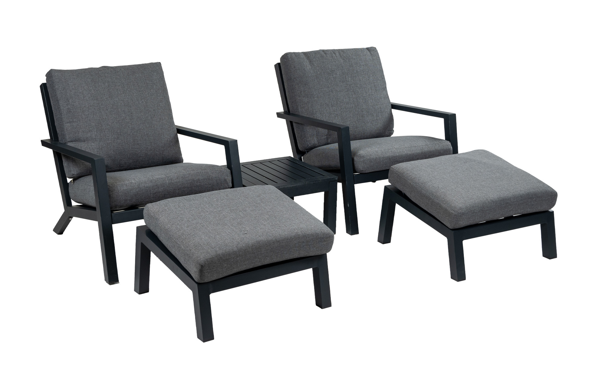 4 Seizoenen Tuinmeubelen 2x loungestoel Bezano | Grey  + 2x Voetenbank Bezano Grey + Bijzettafel 50x50cm Bezan