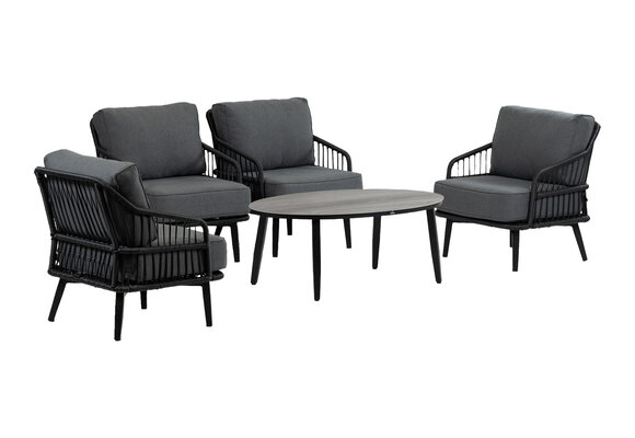 4x Loungestoel Isabel | Black + Bijzettafel Mykonos Ovaal 120x75cm | Grey | Aluminium & Kunststof