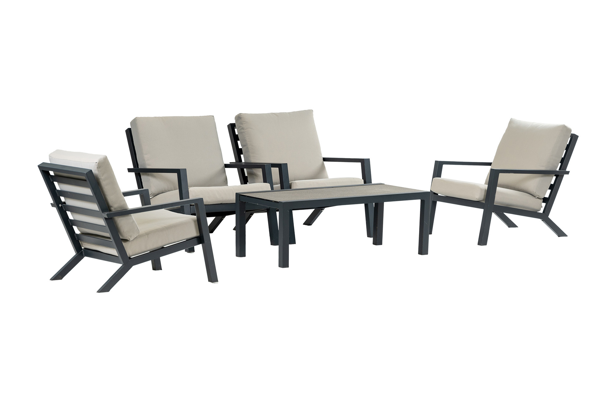 4 Seizoenen Tuinmeubelen 4x Bezano loungestoel | Off White + Loungetafel Bezano 120x60cm | Matt Black | Aluminium