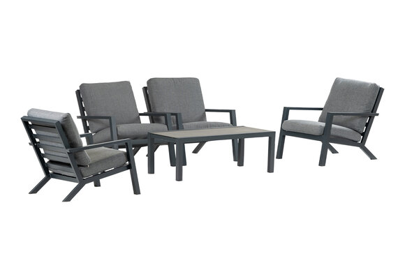 4x Bezano loungestoel | Grey + Loungetafel Bezano 120x60cm | Matt Black | Aluminium