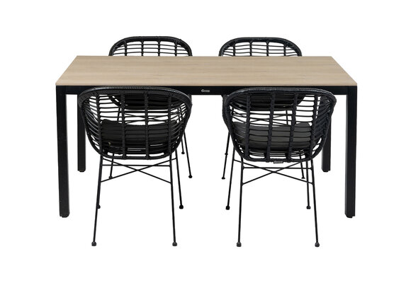5-delige tuinset | 4 Oslo dining tuinstoelen (Black) | 160cm Cyprus tuintafel (Wood)