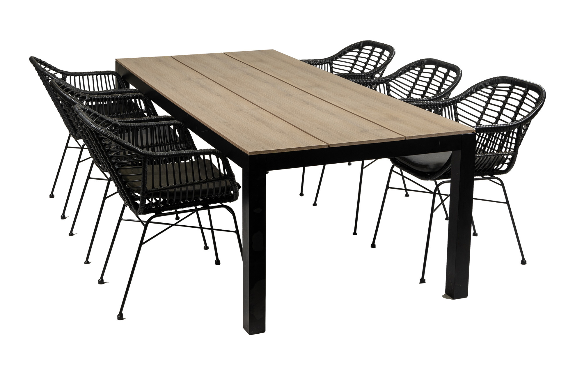 4 Seizoenen Tuinmeubelen 7-delige tuinset | 6 Oslo dining tuinstoelen (Black) | 225cm Cyprus tuintafel (Wood)