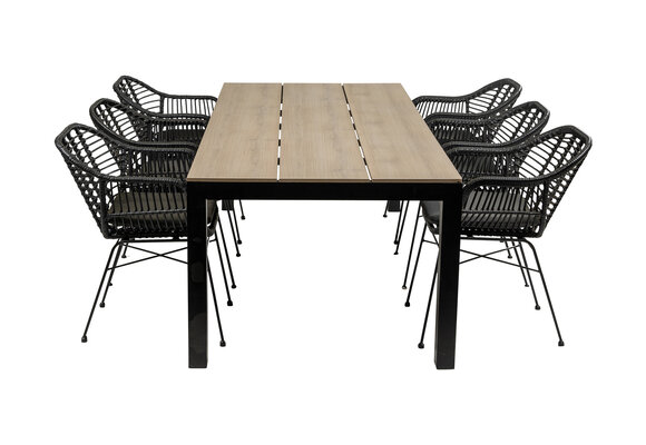 7-delige tuinset | 6 Oslo dining tuinstoelen (Black) | 225cm Cyprus tuintafel (Wood)