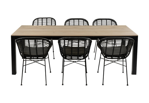 7-delige tuinset | 6 Oslo dining tuinstoelen (Black) | 225cm Cyprus tuintafel (Wood)