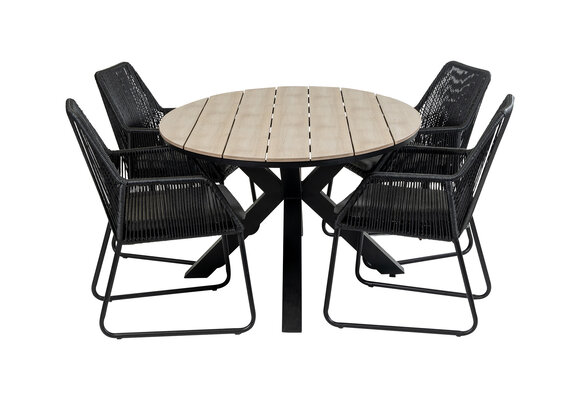 5-delige tuinset | 4 Mona tuinstoelen (Black) | 180cm ovale Cyprus tuintafel (Wood)