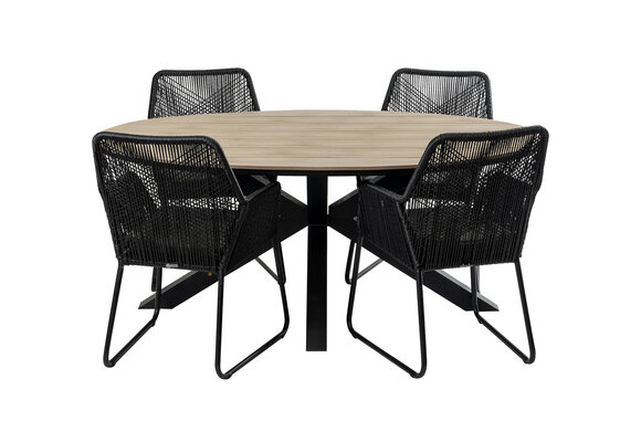 5-delige tuinset | 4 Mona tuinstoelen (Black) | 180cm ovale Cyprus tuintafel (Wood)