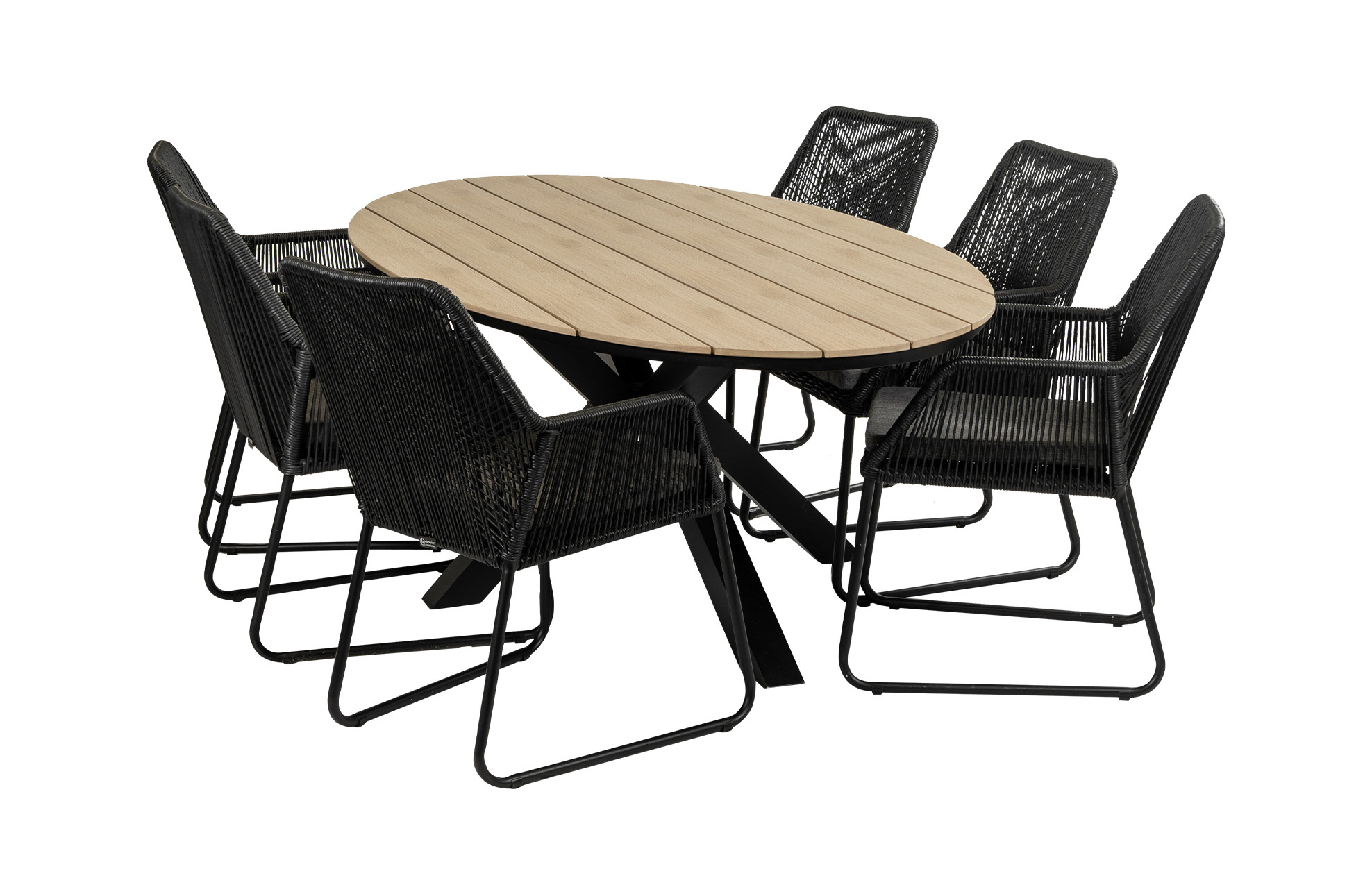 4 Seizoenen Tuinmeubelen 7-delige tuinset | 6 Mona tuinstoelen (Black) | 220cm ovale Cyprus tuintafel (Wood)
